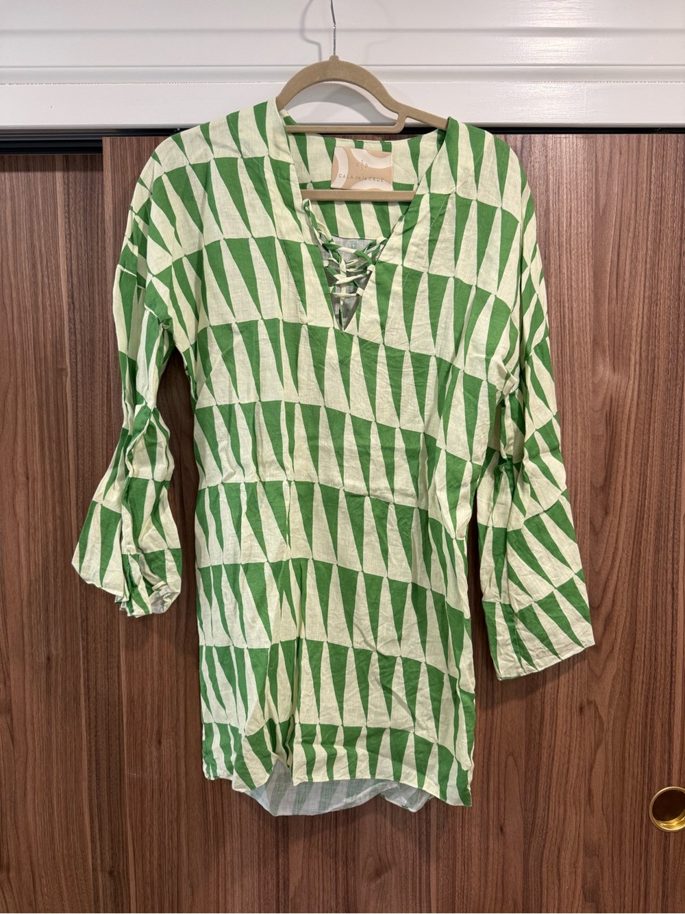 Cala de la Cruz Lace-Up Geometric Tunic in Green and Cream M